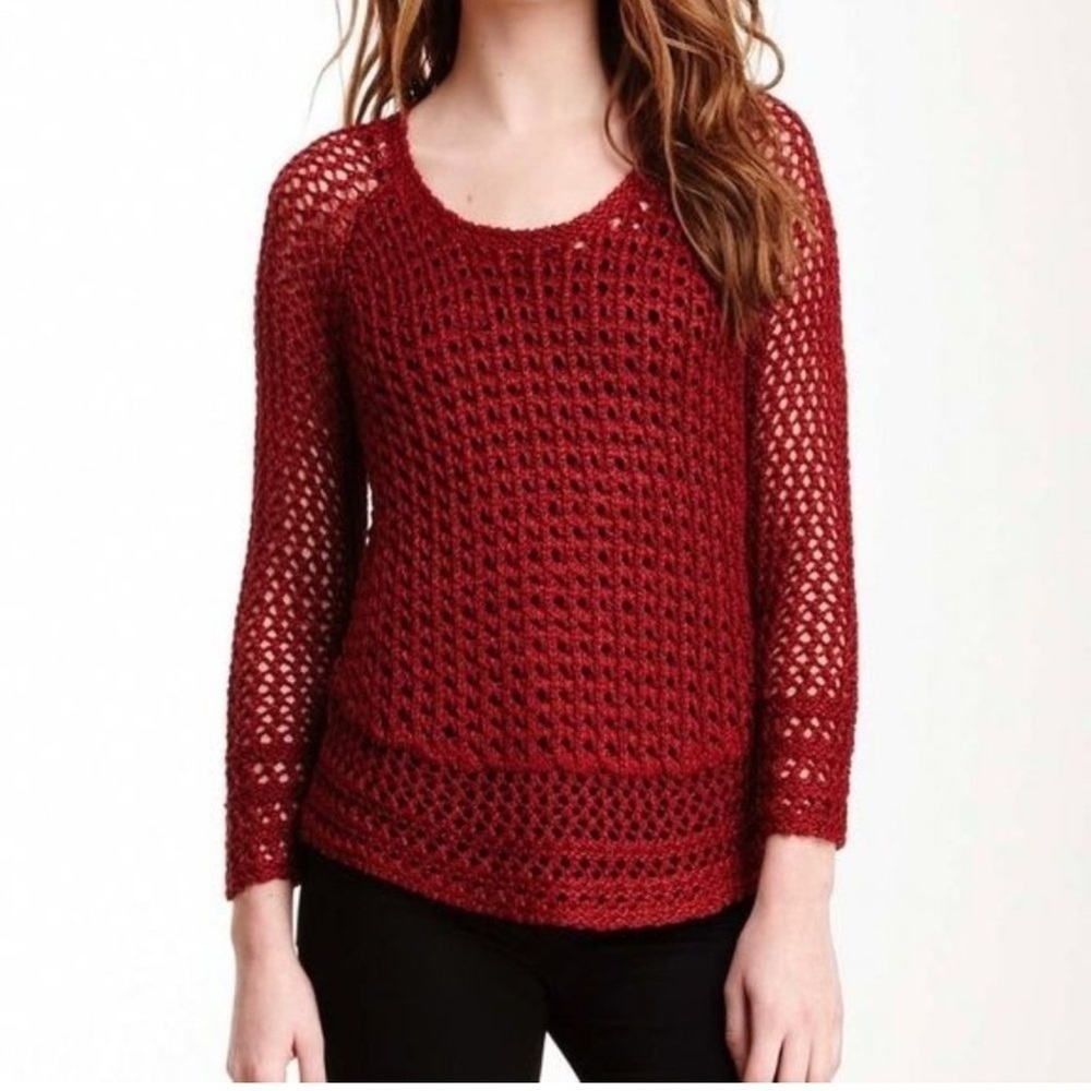 Lucky Brand Marissa Open Knit Sweater Metallic Red Size Small. Crochet.